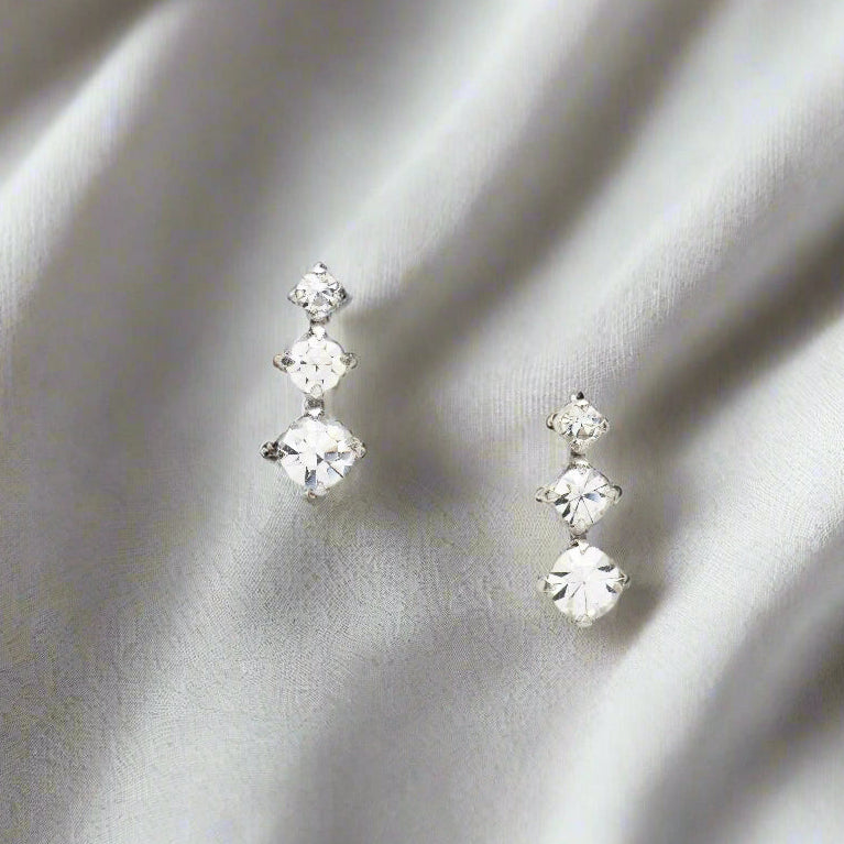 Cubic Zirconia Triple Drop Silver Ear Stud Earrings Crumble and Core   