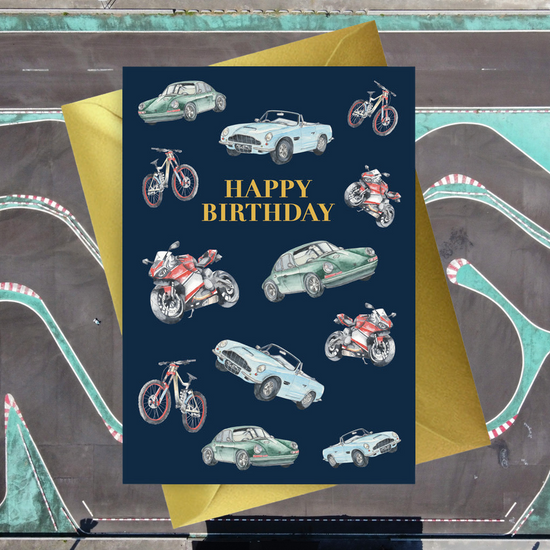 Navy Collection A6 Foiled Greeting Card for Happy Birthday - Mens Cars Design