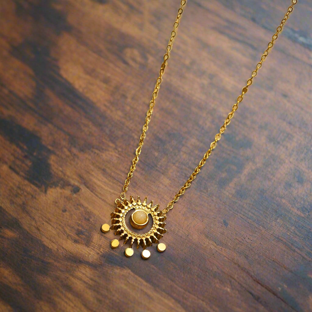 Gold and Stone Sun Pendant Necklace and Here Comes the Sun Card Gift Set