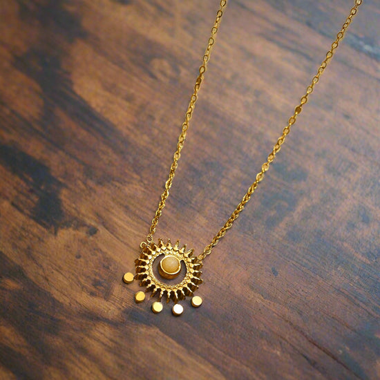 Gold Sun with White Stone Pendant Necklace