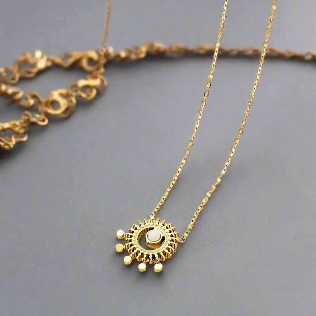 Gold and Stone Sun Pendant Necklace and Here Comes the Sun Card Gift Set