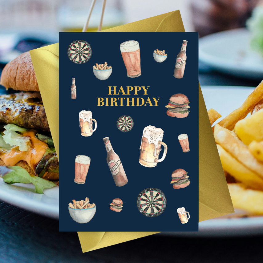 Mens Navy Collection A6 Foiled Greeting Card for Happy Birthday with Beer Design