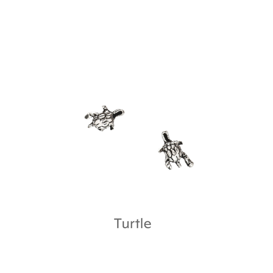 a pair of silver turtle charms on a black background