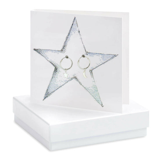 Sterling Silver Hoop Earrings with Moon and Star Design - Gift Box and Card Included - Crumble and Core