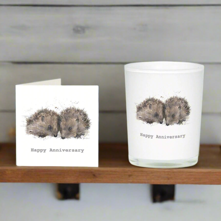 Hedgehogs Anniversary Boxed Candle and Card Candles Crumble and Core White 20cl 