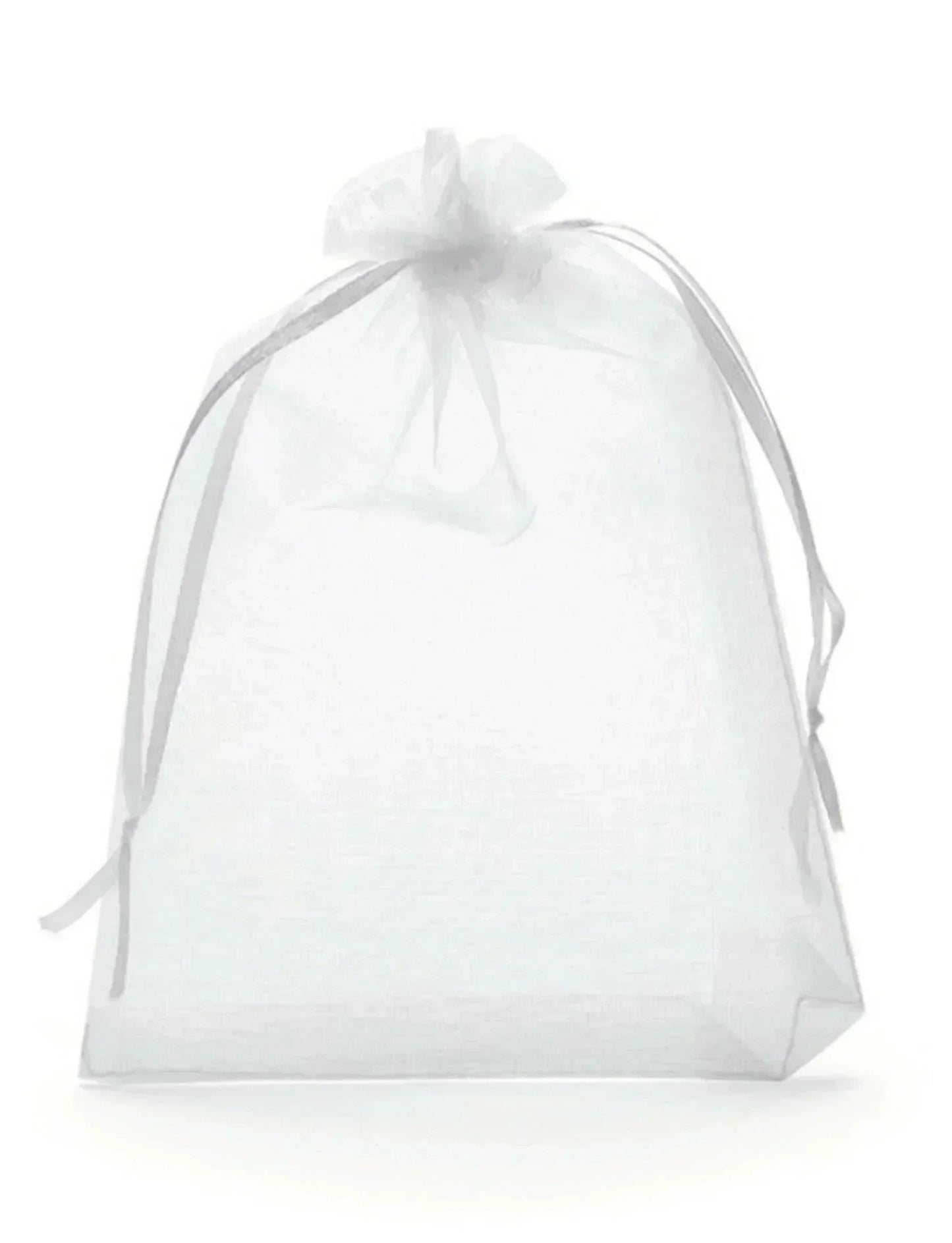 A white, transparent bag with a ribbon tied around it, sitting on a white background.