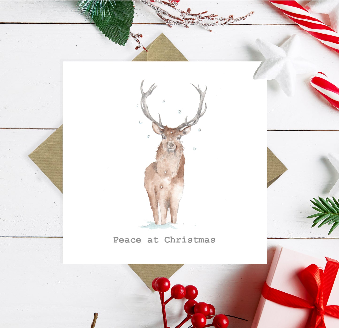 Premium Deer Peace Christmas Greeting Card - Festive Design Hand Finished for the Season