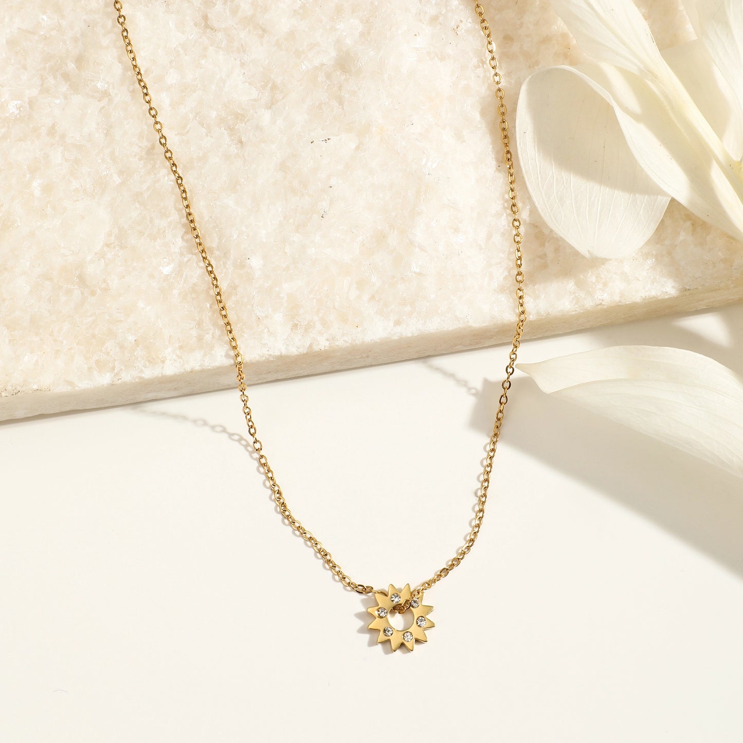 Gold Chain Necklace with Rhinestone Sun Pendant