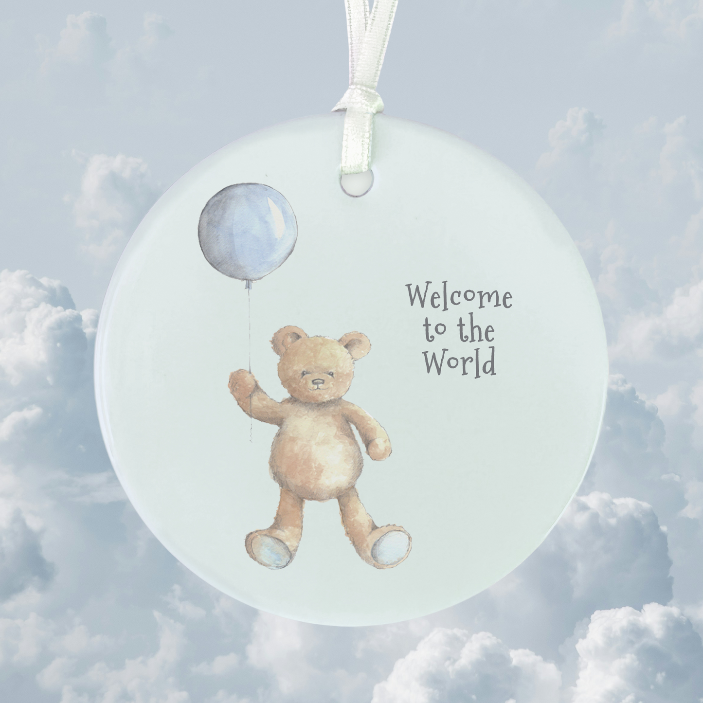 Hanging Ceramic Decoration - Baby Boy Teddy and Balloon