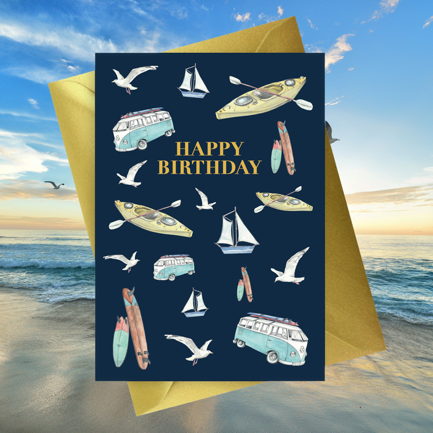 Seaside Happy Birthday A6 Foiled Greeting Card from the Navy Collection for Men