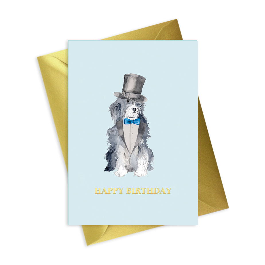 Birthday Dog Greeting Card – Shaggy Dog Foiled Gold Foil Animal Design