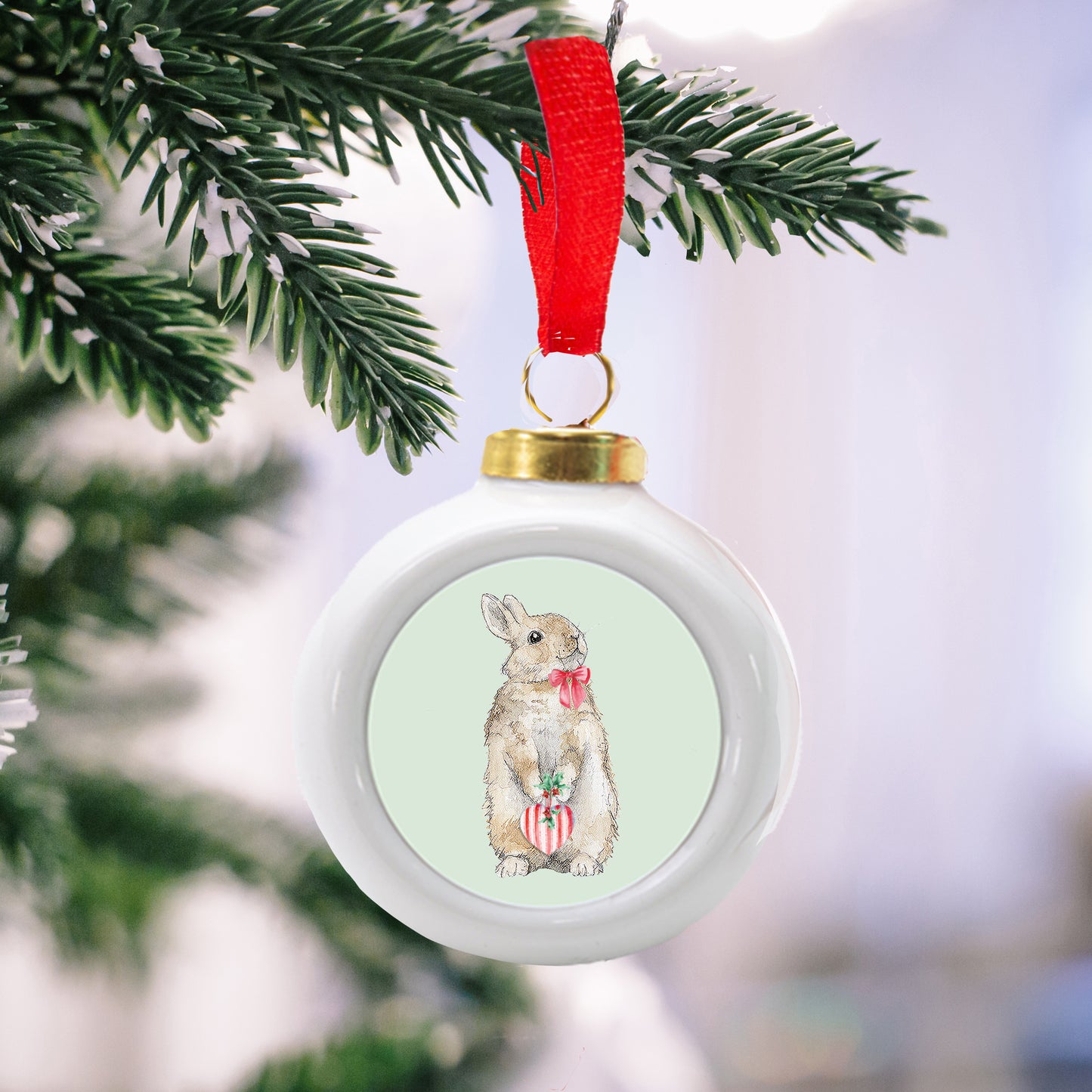 Christmas Bunny Bauble - Hanging Ceramic Ornament for Christmas Decor