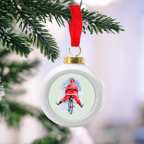 Hanging Ceramic Christmas Santa Bike Bauble - Festive Decor for Your Home or Christmas Tree