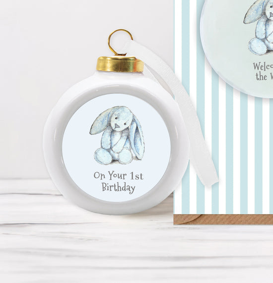 Hanging Ceramic 1st Birthday Boy Bunny Bauble Decoration - Perfect for Babys First Birthday Celebration