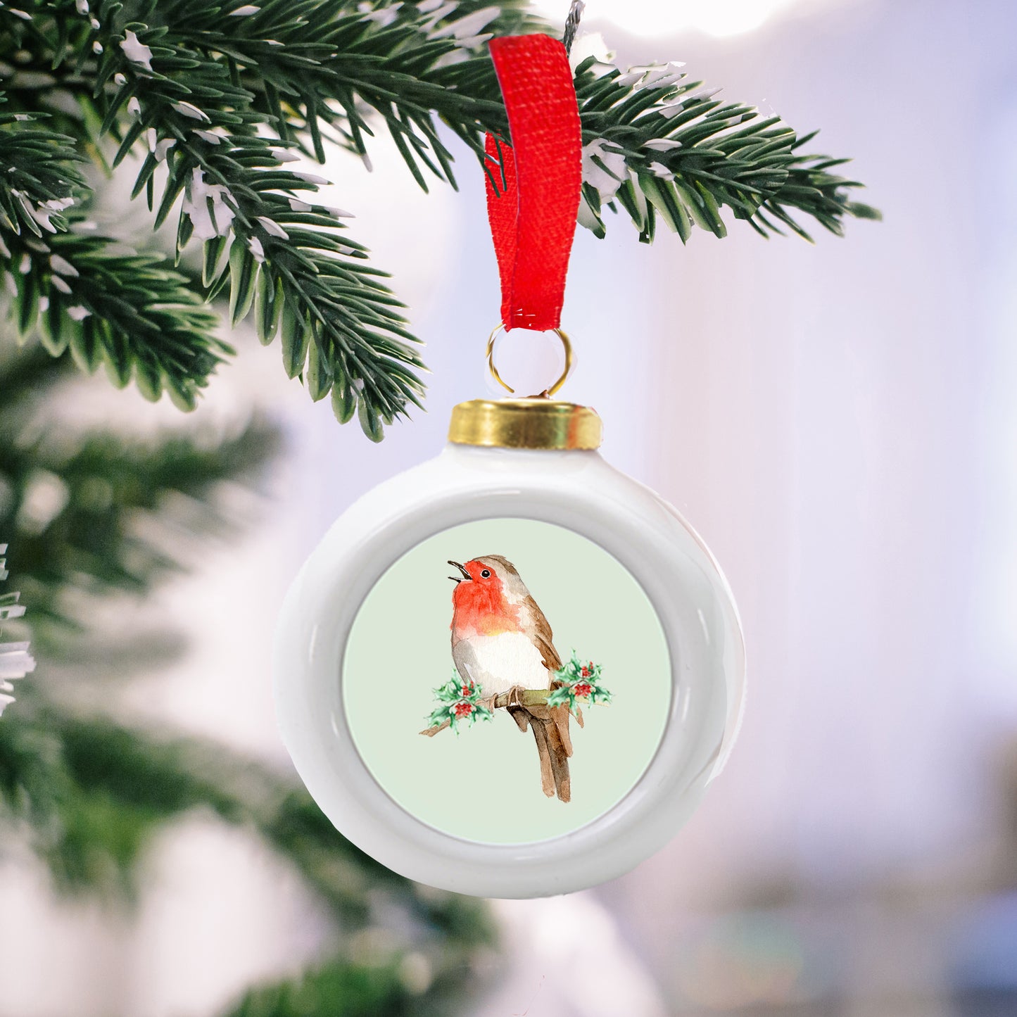 Ceramic Christmas Robin Bauble - Hanging Handmade Ornament - Christmas Decor