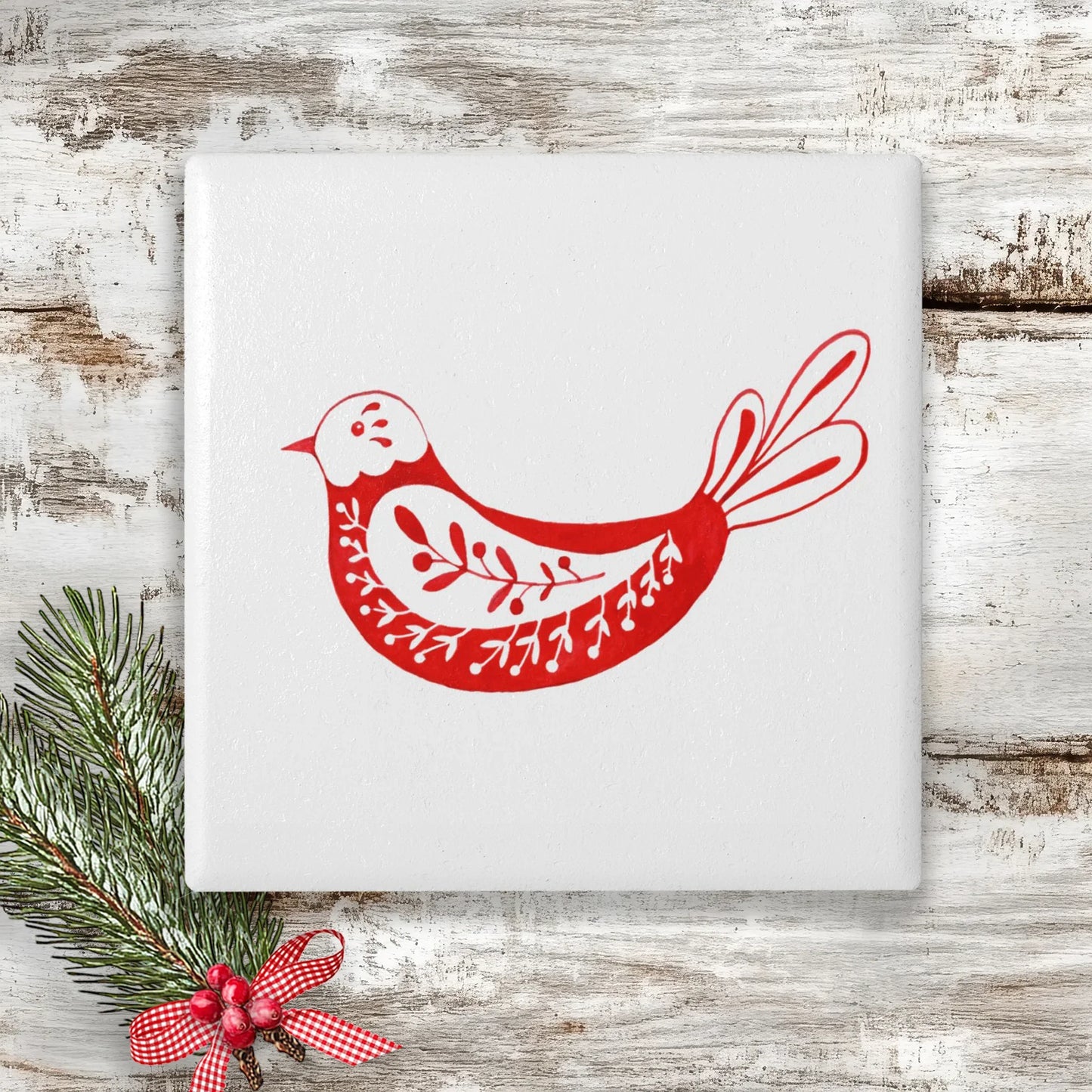 Ceramic Coaster Square - Christmas Nordic Bird - Crumble and Core