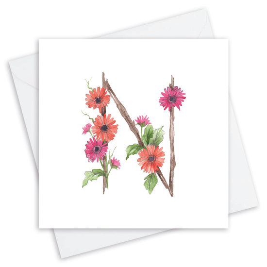 Floral Alphabet Letter Card - N Design Floral Alphabet Letter N Card - Perfect for Any Occasion - Handcrafted Alphabet Design for Invitations and Gifts - Perfect Card for Names beginning with N - All Occasions