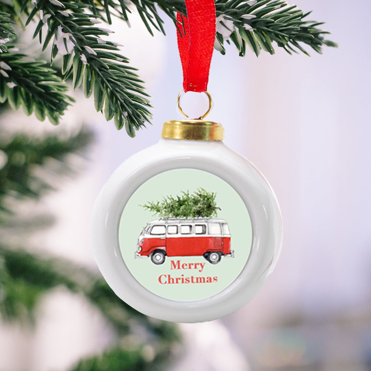 Hanging Ceramic Christmas Camper Van Bauble - Handmade Festive Christmas Decor