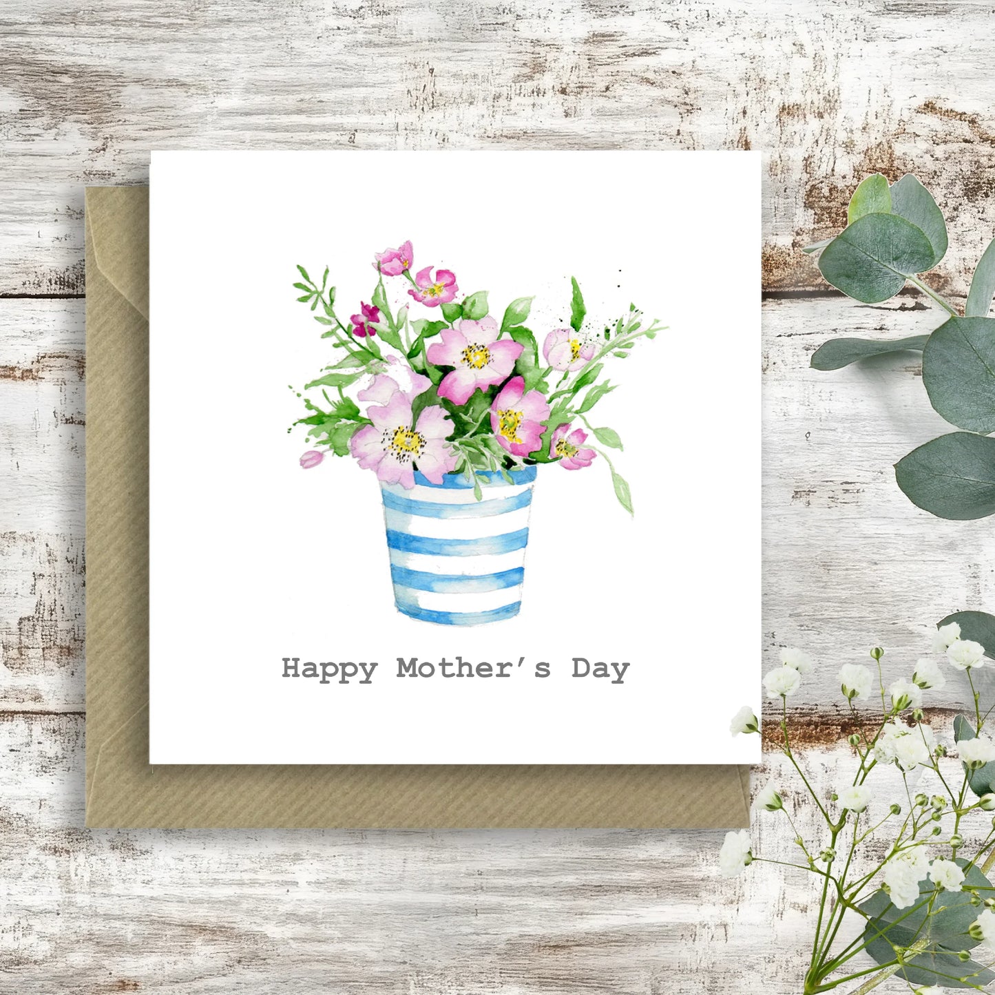 Mother's Day Card - Luxury Striped Flower Pot Greeting Card With Kraft Envelope