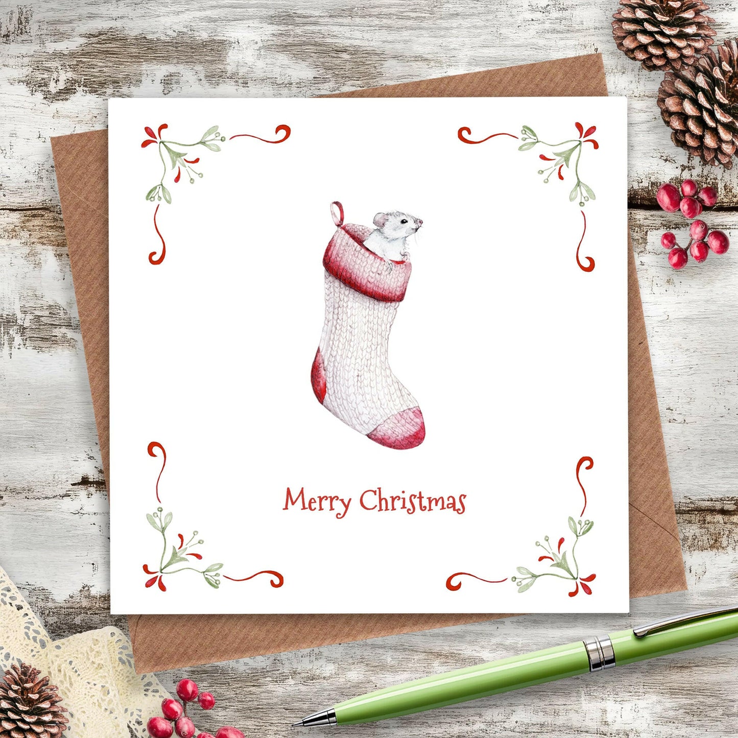 Christmas Mouse In Stocking Greeting Card