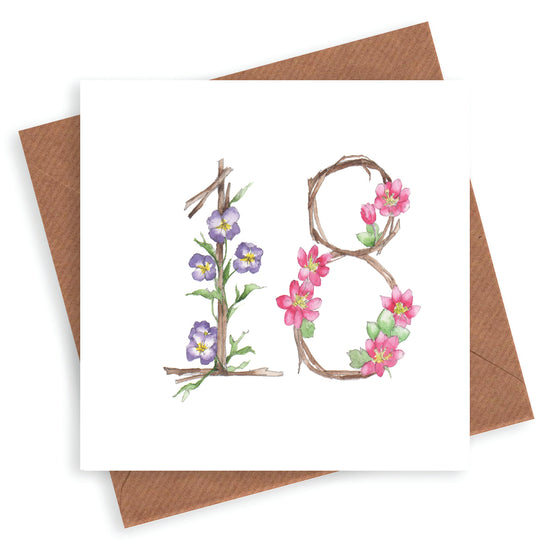 Premium 18th Birthday Card - Floral Numbers Design for Her Milestone Birthday - Hand Finished Greeting Card