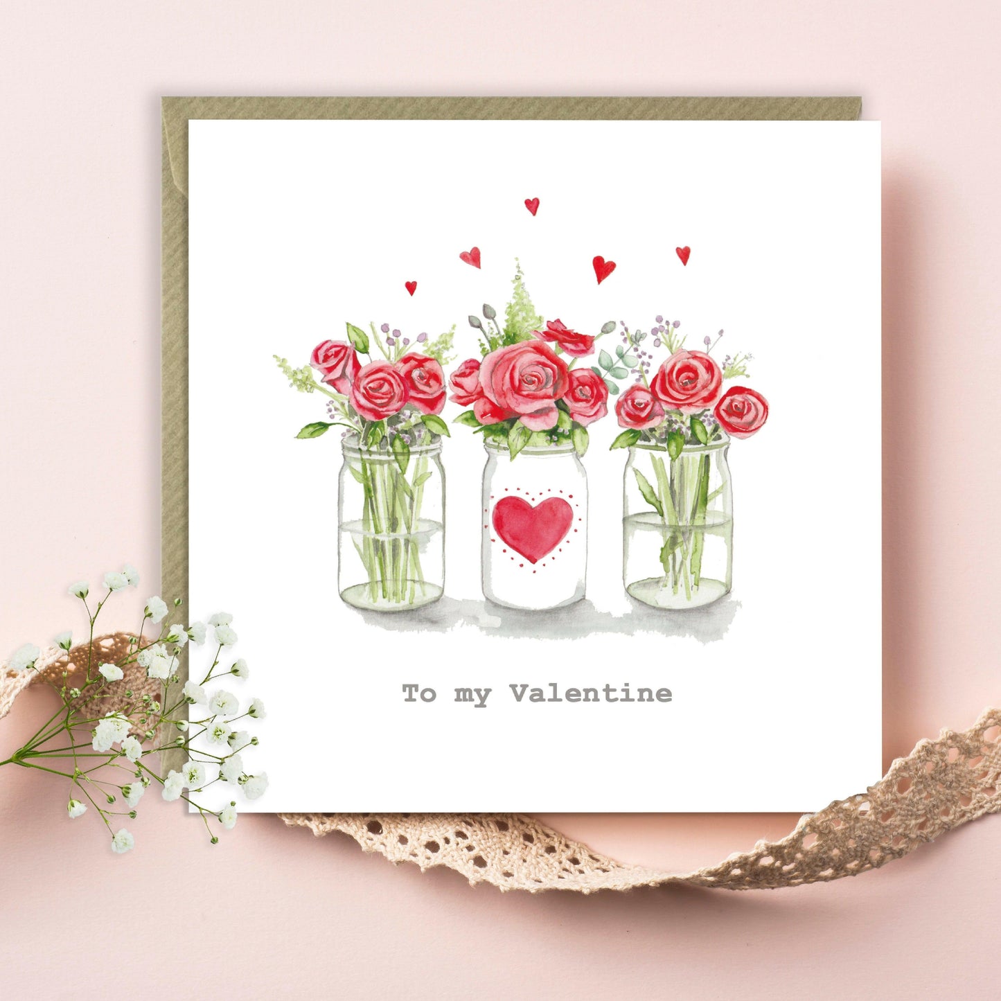 Hand finished Premium Valentines Day Jar of Flowers Card - Handmade Greeting for Your Love - Crumble and Core