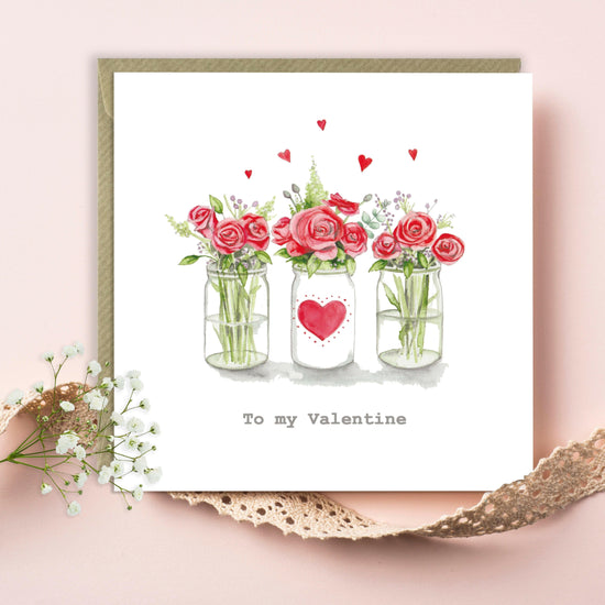 Hand finished Premium Valentines Day Jar of Flowers Card - Handmade Greeting for Your Love - Crumble and Core