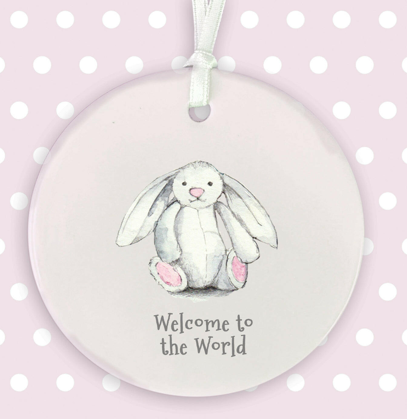 Ceramic Keepsake Hanging Decoration  - A6 Greeting Card with Ceramic Keepsake - Baby Girl Bunny