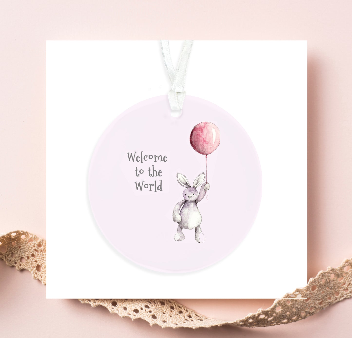 Ceramic Keepsake Hanging Decoration  - A6 Greeting Card with Ceramic Keepsake - Baby Girl Teddy and Balloon