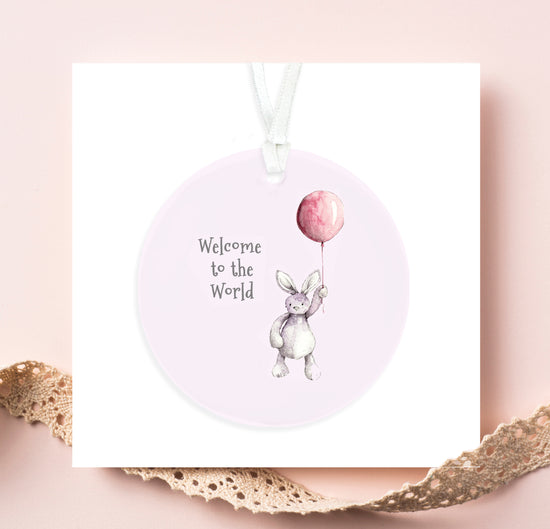 Load image into Gallery viewer, Ceramic Keepsake Hanging Decoration  - A6 Greeting Card with Ceramic Keepsake - Baby Girl Teddy and Balloon
