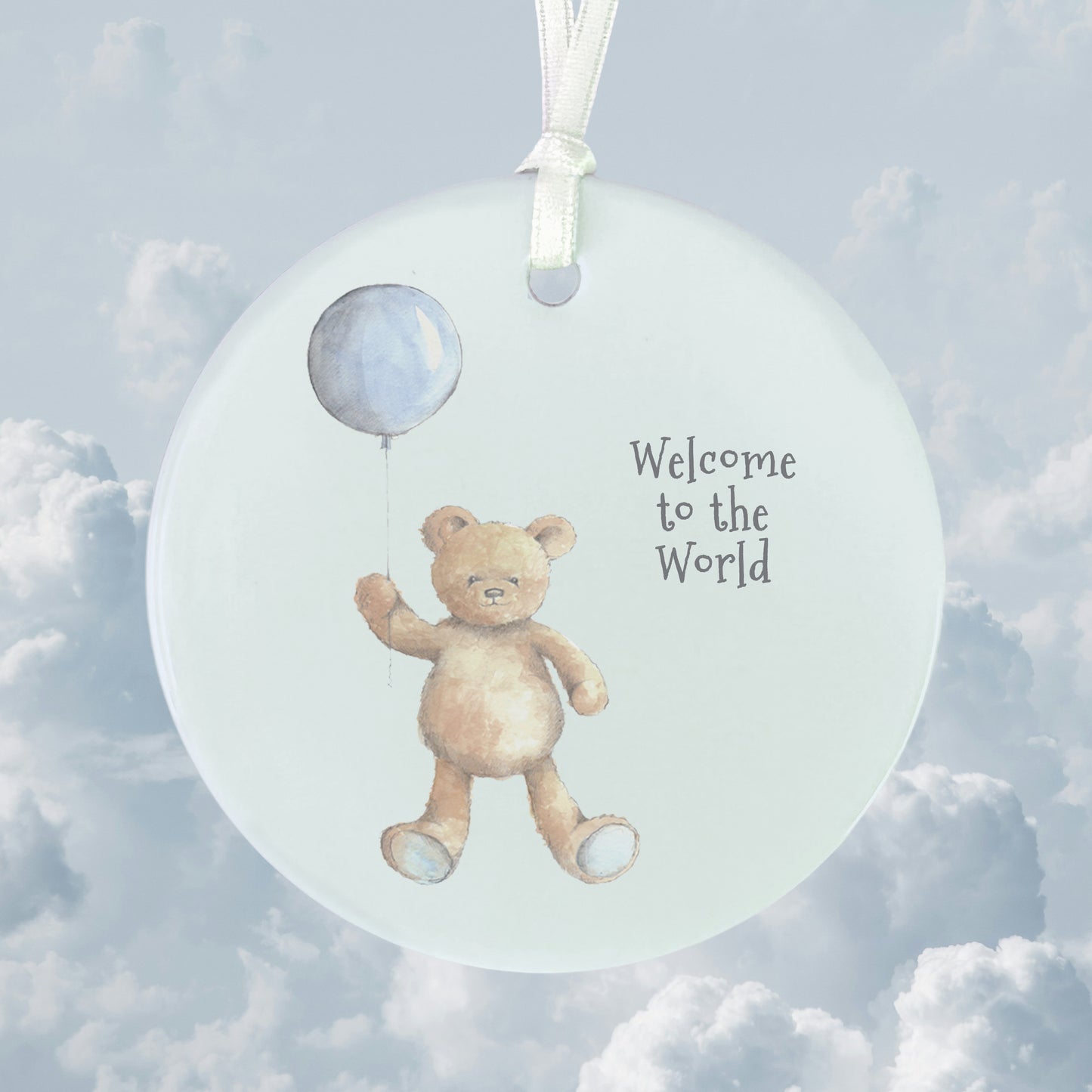 Ceramic Keepsake Hanging Decoration  - A6 Greeting Card with Ceramic Keepsake - Baby Boy Teddy and Balloon