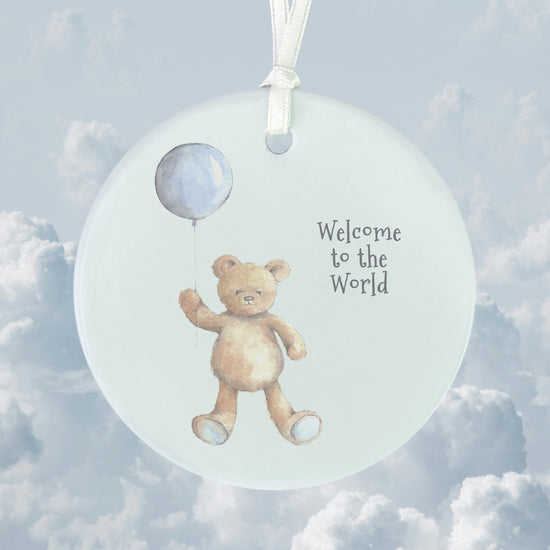 Ceramic Keepsake Hanging Decoration  - A6 Greeting Card with Ceramic Keepsake - Baby Boy Teddy and Balloon