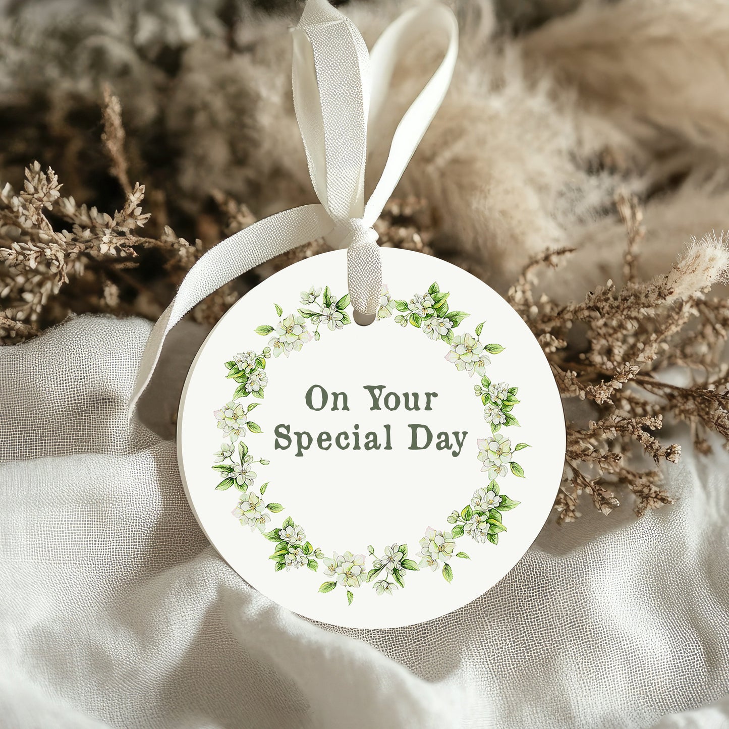 Ceramic Keepsake Hanging Decoration  - A6 Greeting Card with Ceramic Keepsake - Special Day Wreath