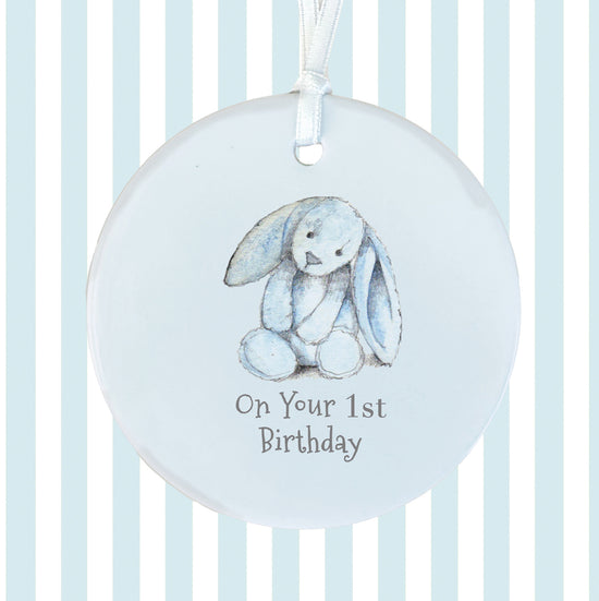 Hanging Ceramic Decoration - Baby 1st Birthday Boy Bunny