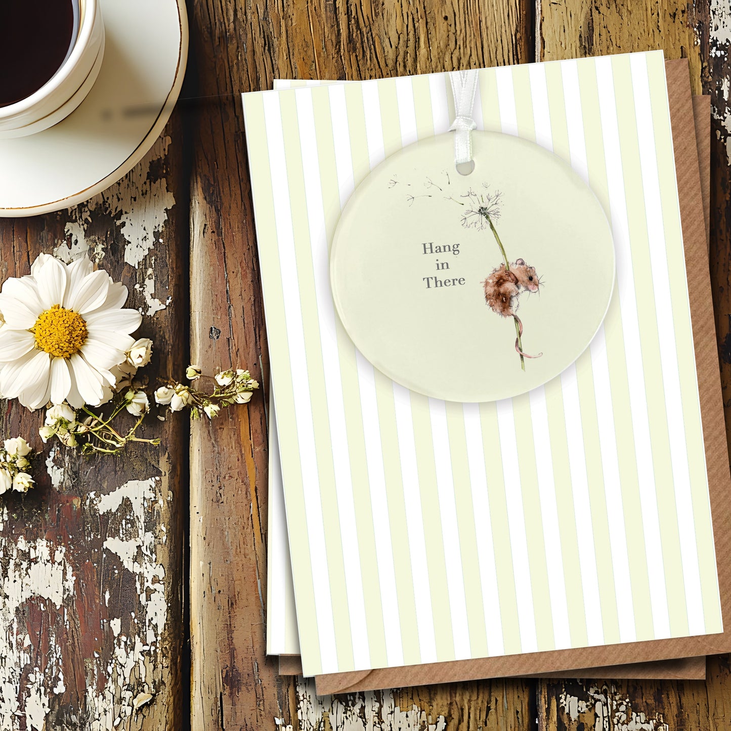 Ceramic Keepsake Hanging Decoration  - A6 Greeting Card with Ceramic Keepsake - Mouse Hang In There