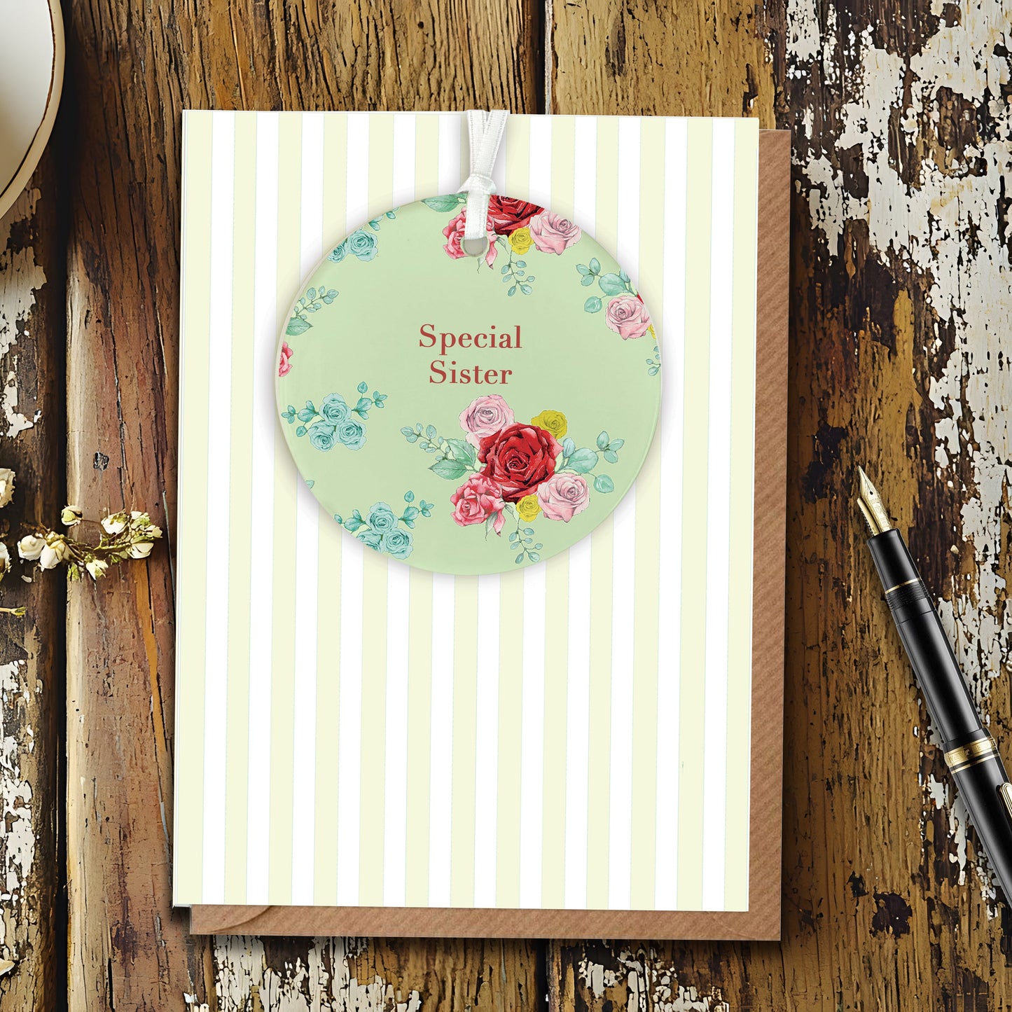 A6 Greeting Card with Ceramic Keepsake - Rose Green Sister