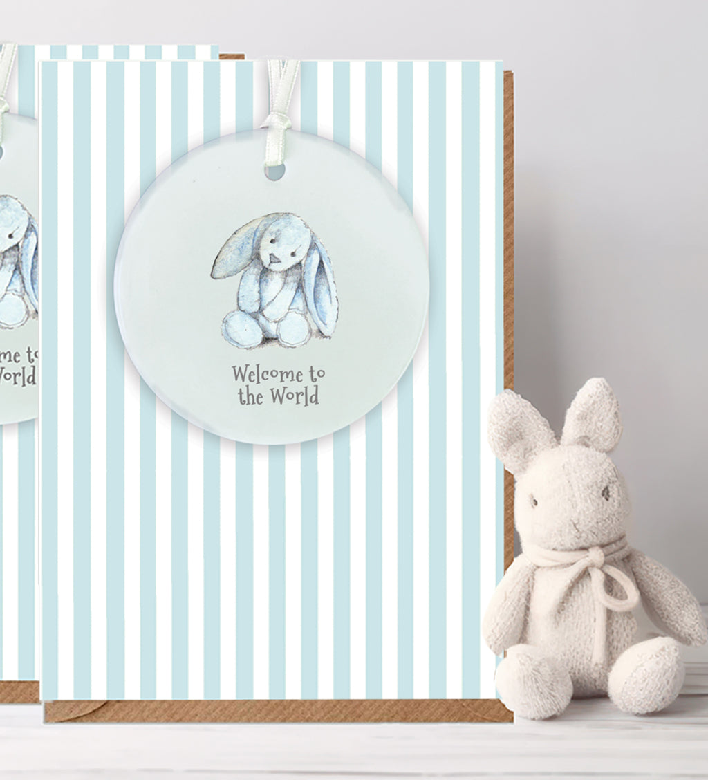 Ceramic Keepsake Hanging Decoration  - A6 Greeting Card with Ceramic Keepsake - Baby Boy Bunny