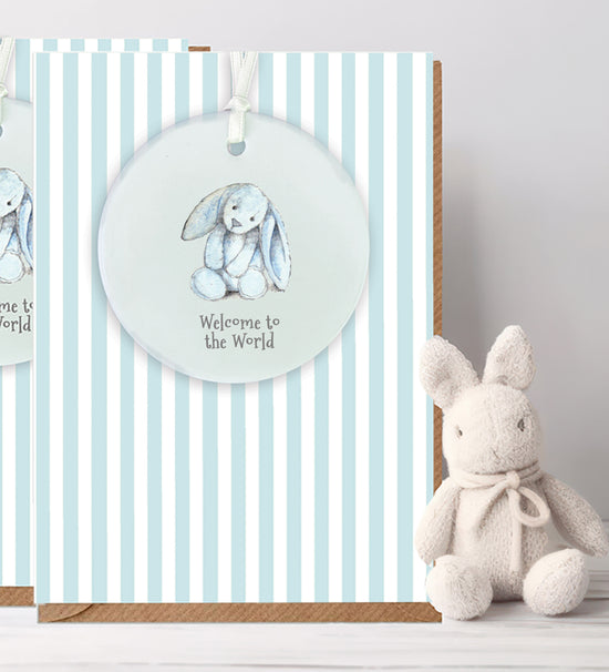 Ceramic Keepsake Hanging Decoration  - A6 Greeting Card with Ceramic Keepsake - Baby Boy Bunny