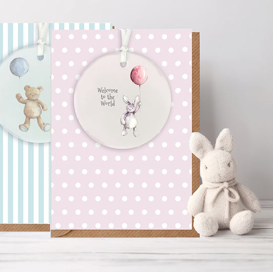 Ceramic Keepsake Hanging Decoration  - A6 Greeting Card with Ceramic Keepsake - Baby Girl Teddy and Balloon