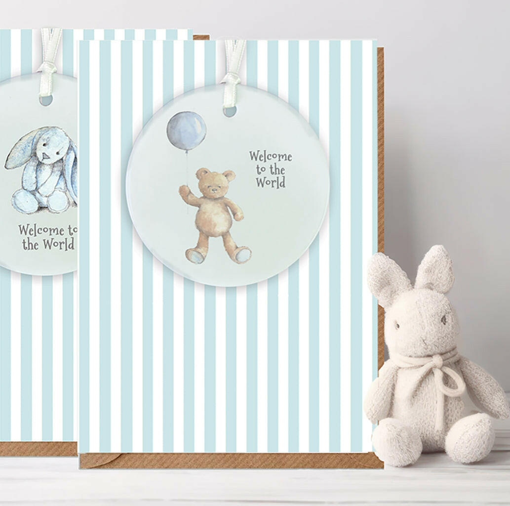 Ceramic Keepsake Hanging Decoration  - A6 Greeting Card with Ceramic Keepsake - Baby Boy Teddy and Balloon