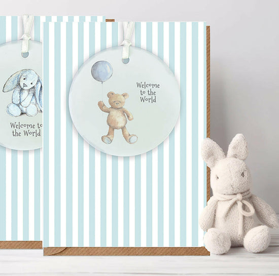 Ceramic Keepsake Hanging Decoration  - A6 Greeting Card with Ceramic Keepsake - Baby Boy Teddy and Balloon
