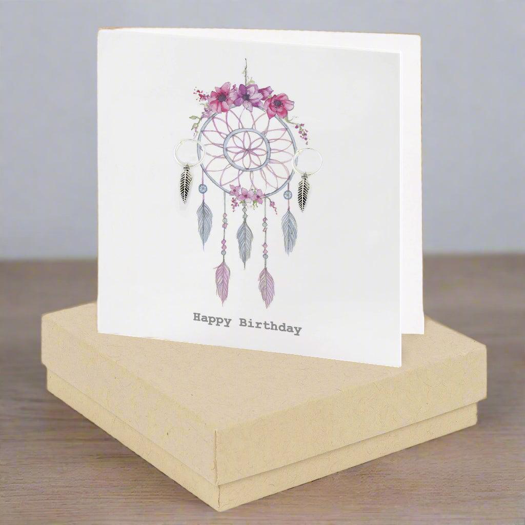 Sterling Silver Feather Stud Earrings on Dreamcatcher Birthday Card - Perfect Gift