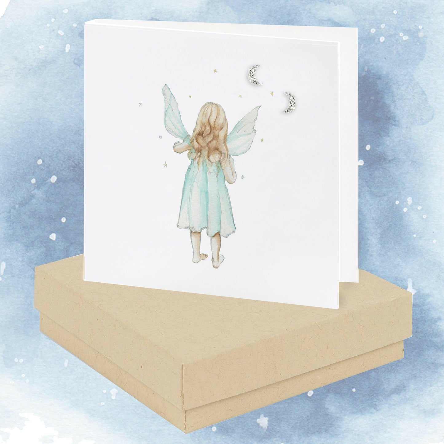 Sterling Silver Moon Stud Earrings with Crystals with a Fairy Card - Unique Whimsical Boxed Gift for Her - Crumble and Core
