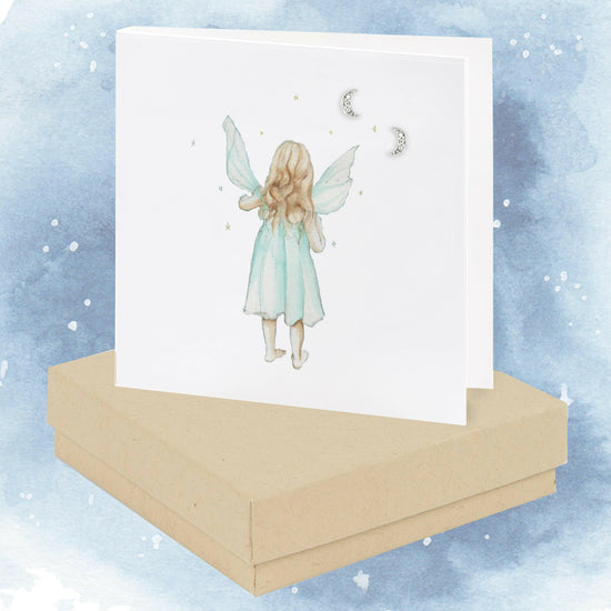 Sterling Silver Moon Stud Earrings with Crystals with a Fairy Card - Unique Whimsical Boxed Gift for Her - Crumble and Core