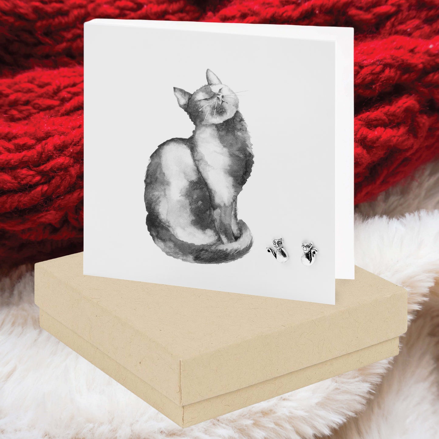 Boxed Cat Sterling Silver Stud Earring Card - Stylish Feline Fashion