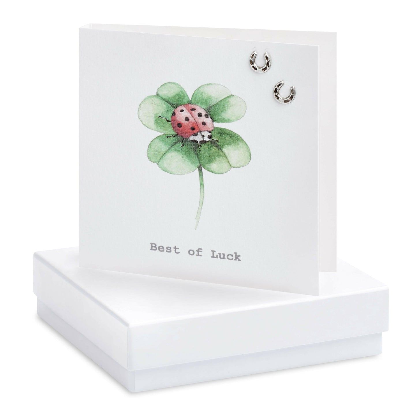 Crumble and Core Best Of Luck Ladybird Four Leaf Clover Boxed Silver Horseshoe Earrings and Card