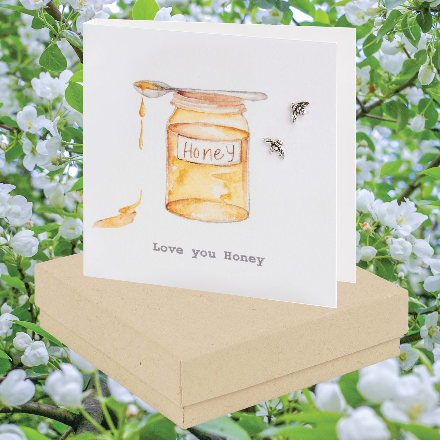 Honey Sterling Silver Bee Stud Earrings on Card - Love You Sentiment