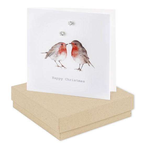 Sterling Silver Stud Earrings on Robins Christmas Card - Boxed Gift - Christmas Card