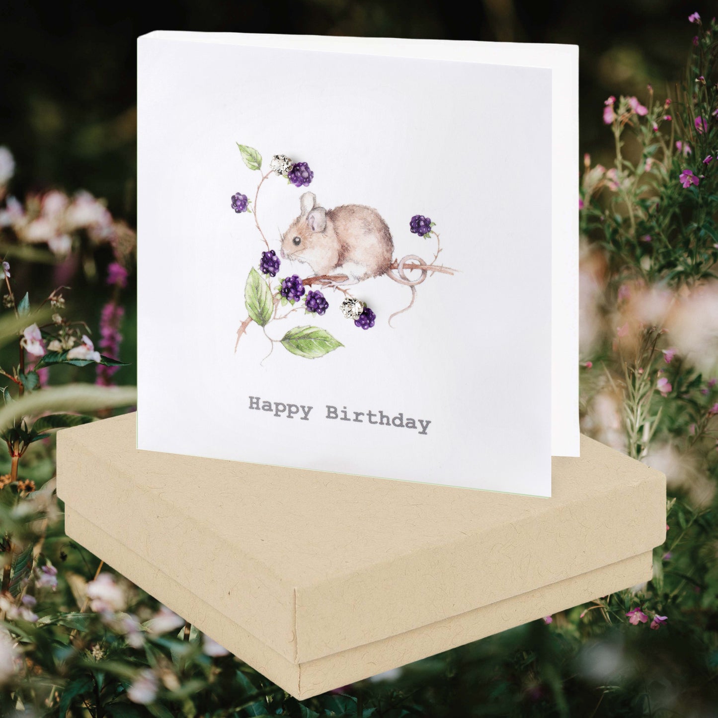 Sterling Silver Stud Earrings in Gift Box with Hand Finished Mouse Birthday Card