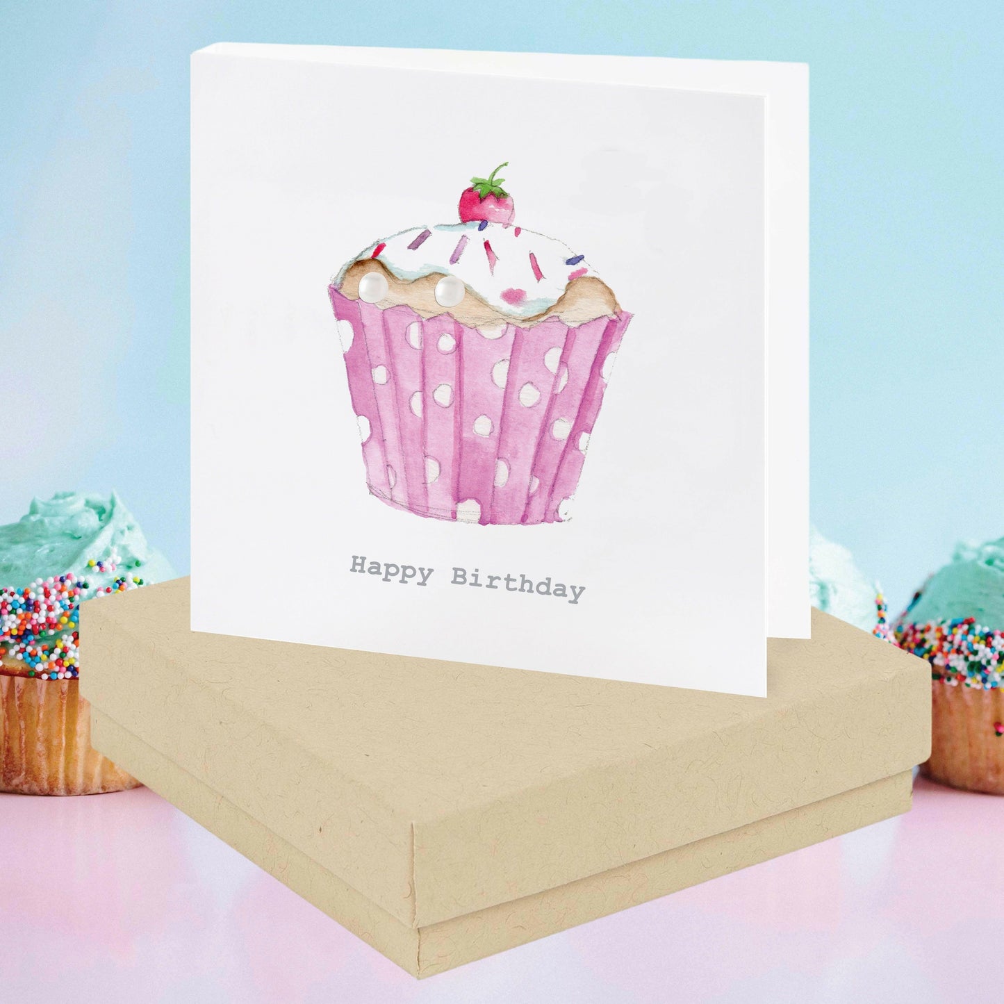 Sterling Silver Pearl Stud Earrings on Birthday Cupcake Card - Ideal Gift for Celebrations - Crumble and Core